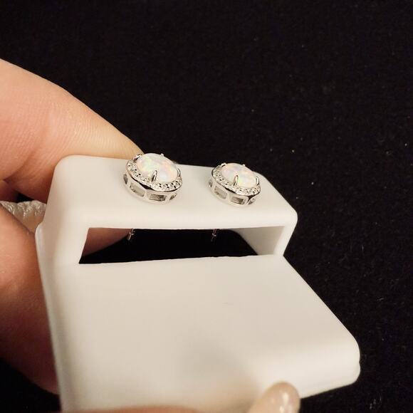 Beautiful Genuine White Opal & Moissanite Halo Stud Earrings 925~New~Retail $149 - Picture 5 of 12